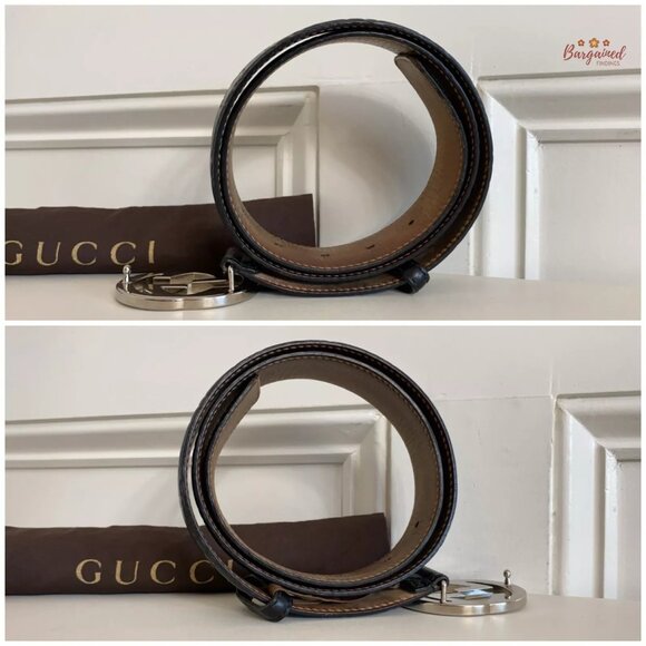 Authentic Gucci Black Guccissima Leather Silver Interlocking G Buckle Belt 85/32 - Picture 9 of 13
